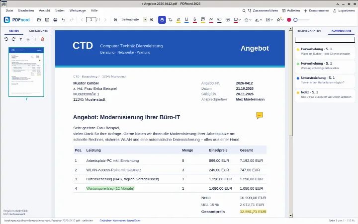 PDFnord mit einem Angebot: farbige Hervorhebungen im Text, rechts die Kommentarliste mit Notizen