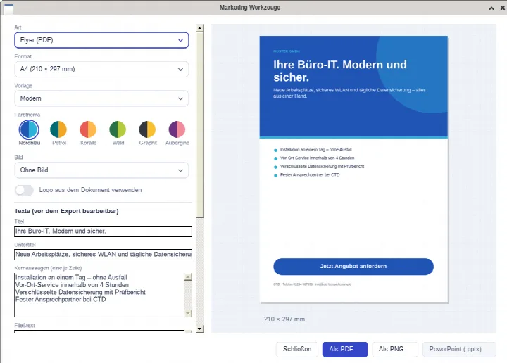 PDFnord Pro: Marketing-Werkzeuge mit Vorlage, Farbthema und Live-Vorschau eines A4-Flyers