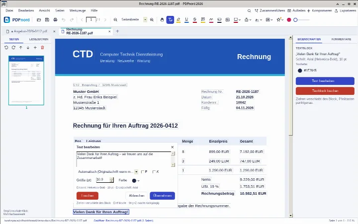 PDFnord: Textblock einer Rechnung wird im Dialog „Text bearbeiten“ geändert, Schrift und Größe bleiben erhalten