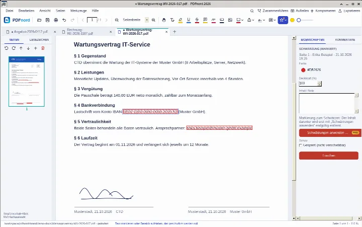 PDFnord Pro: IBAN und E-Mail-Adresse im Vertrag zum Schwärzen markiert, rechts „Schwärzungen anwenden“
