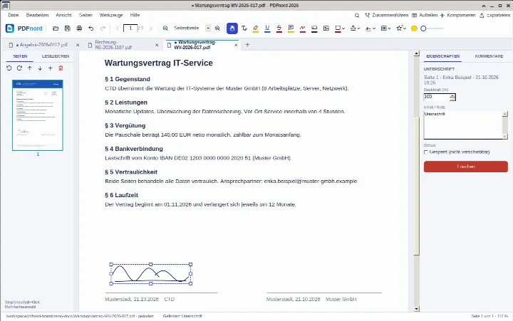 PDFnord: handschriftliche Unterschrift auf der Unterschriftenzeile eines Vertrags platziert